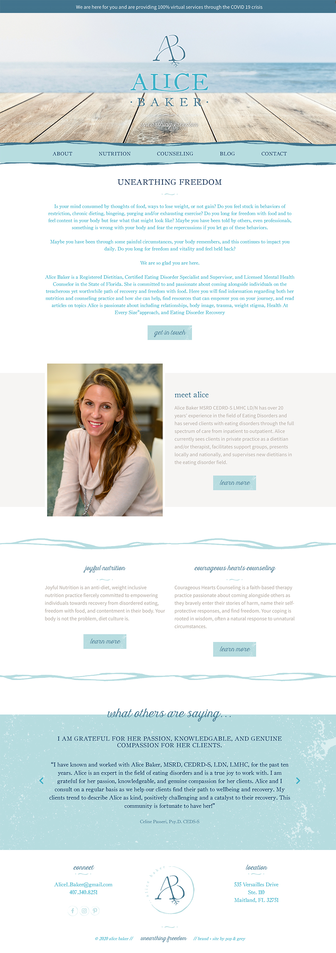Alice Baker website design by Pop & Grey