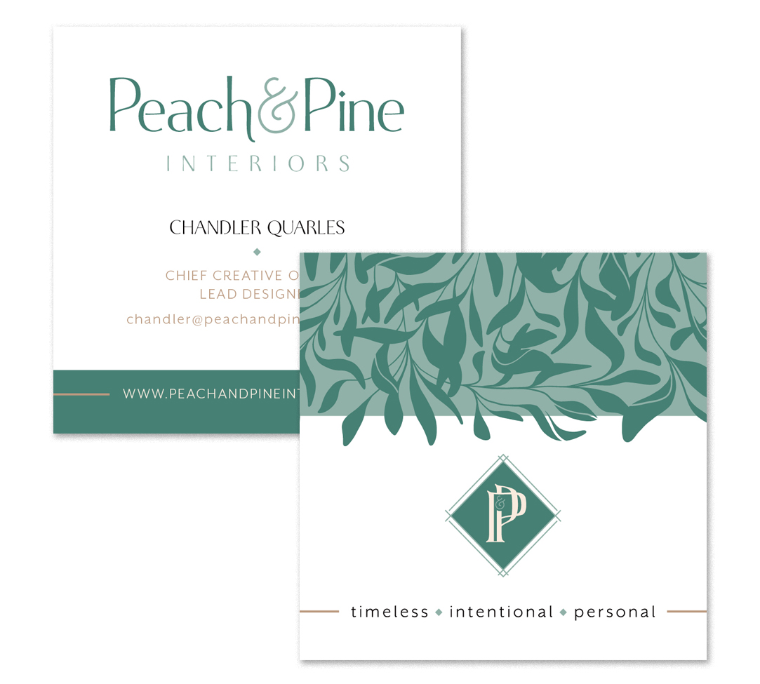 peach and pine interiors business card design by pop and grey