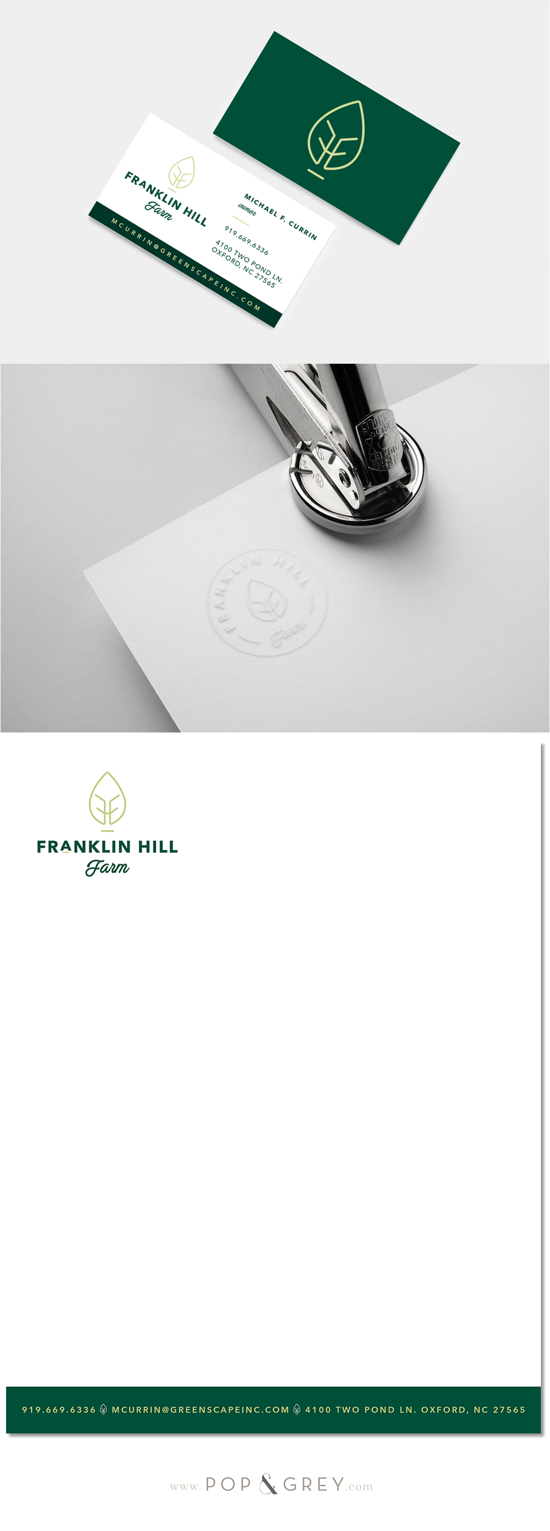 Franklin Hill Farm brand design by Pop & Grey, stamp, business cards, letterhead